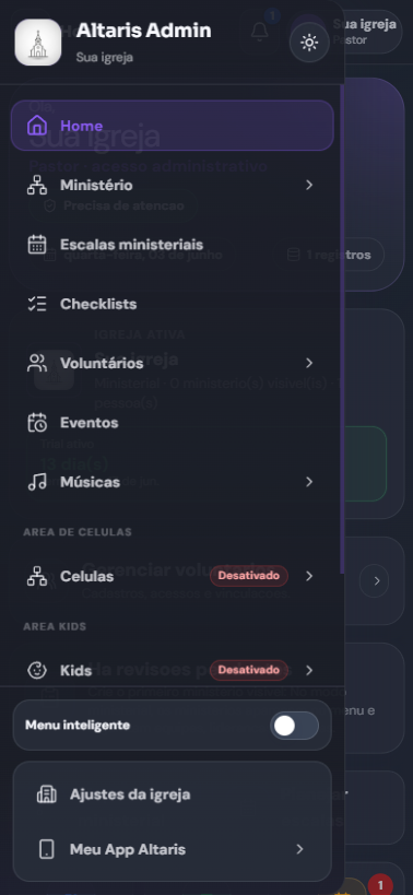 Menu do Altaris Admin com ministério, escalas, checklists, voluntários, células e Kids