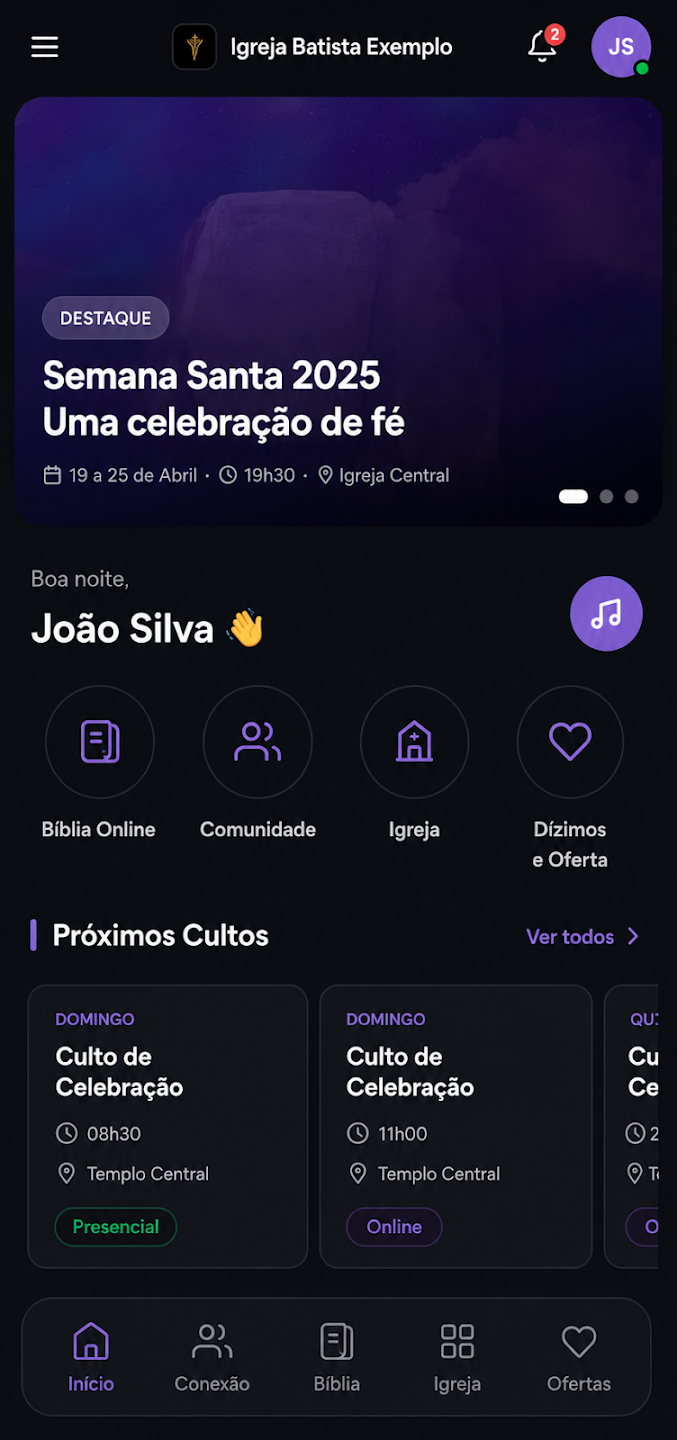 Tela inicial do app Altaris com destaque de evento, atalhos e próximos cultos