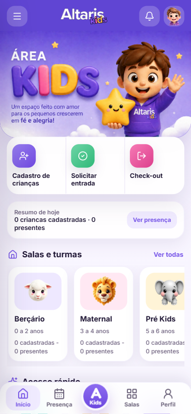 Tela da Área Kids do app Altaris com cadastro de crianças, entrada e check-out