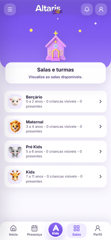 Tela de salas e turmas no app Altaris com Berçário, Maternal, Pré Kids e Kids