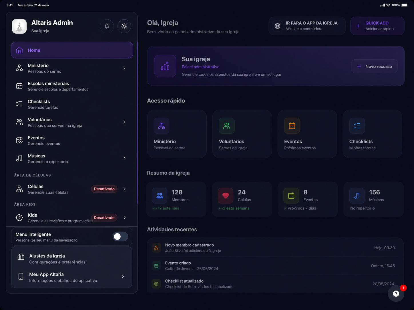 Painel administrativo do Altaris em tema escuro com menu completo de módulos