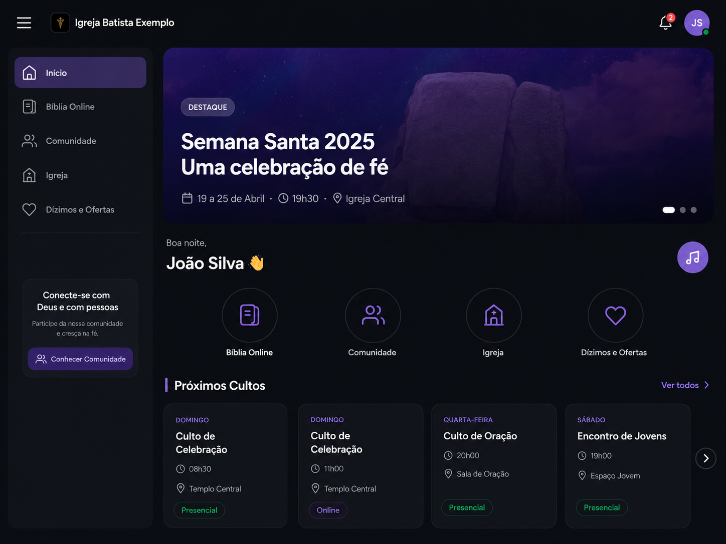 Área do membro do Altaris com destaque de evento, atalhos e próximos cultos