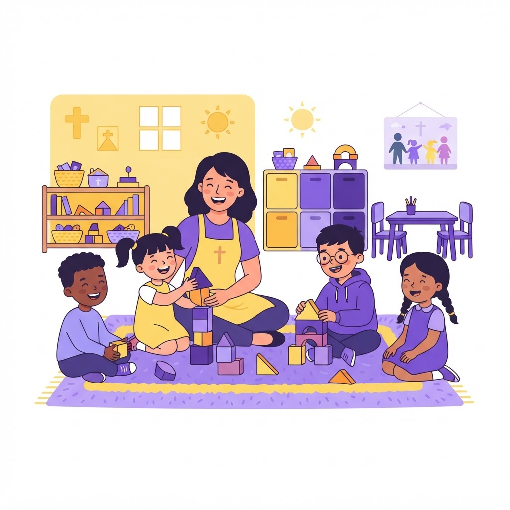 Ilustração de uma sala do ministério infantil com crianças brincando e uma professora