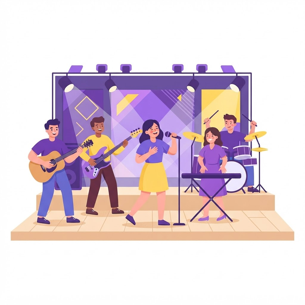 Ilustração de uma equipe de louvor ensaiando em um palco
